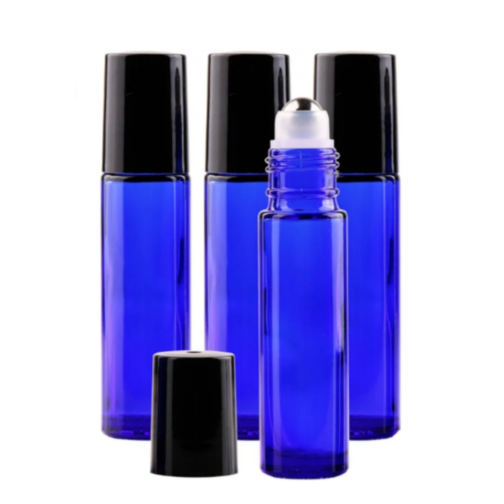 Set of 4 Cobalt Blue Glass Roller Bottles DIY Scents Oils Serums Retro Roll On